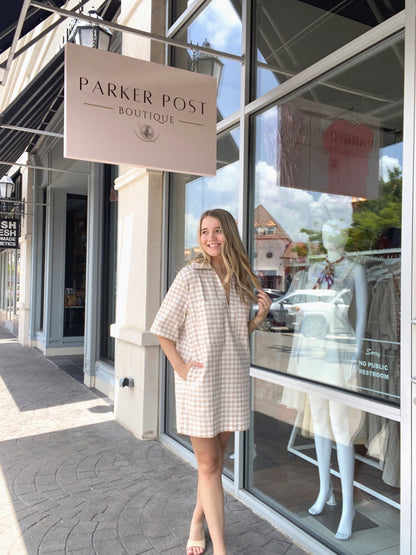 KARLIE Khaki Check Denim VNeck Pocket Dress