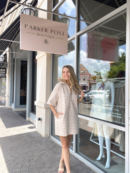 KARLIE Khaki Check Denim VNeck Pocket Dress