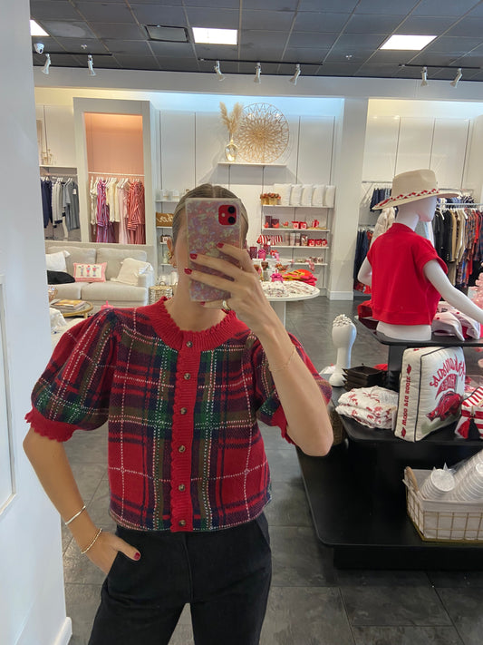 Red Plaid Puff Sleeve Sweater