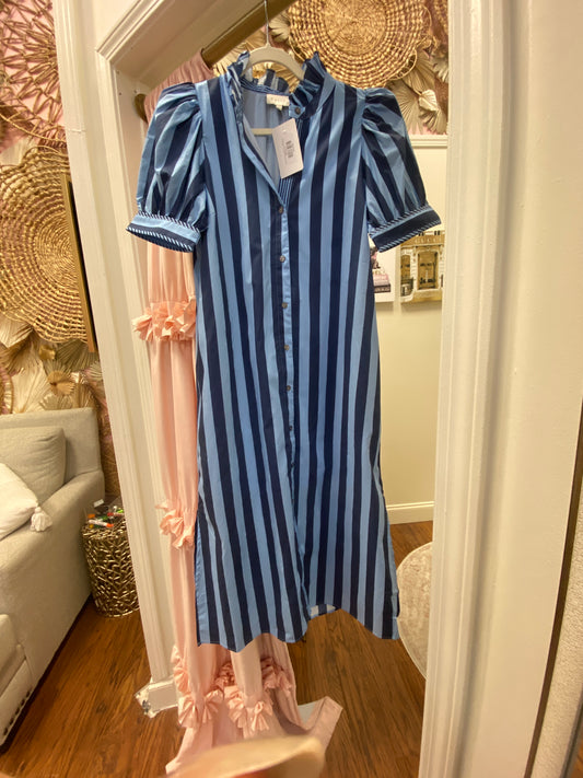 Naval Blue Stripe Button Front Midi Dress