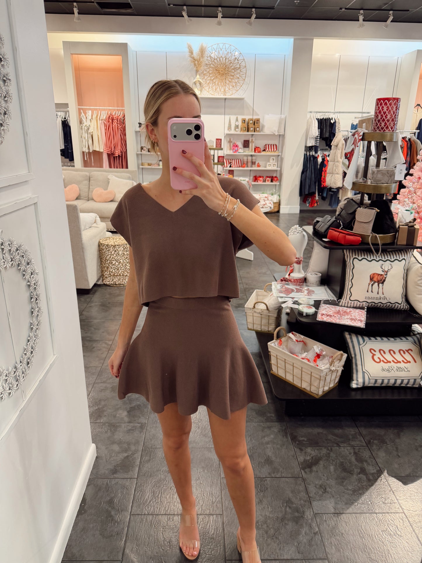 JET Brown V Neck Sweater and Skirt Set