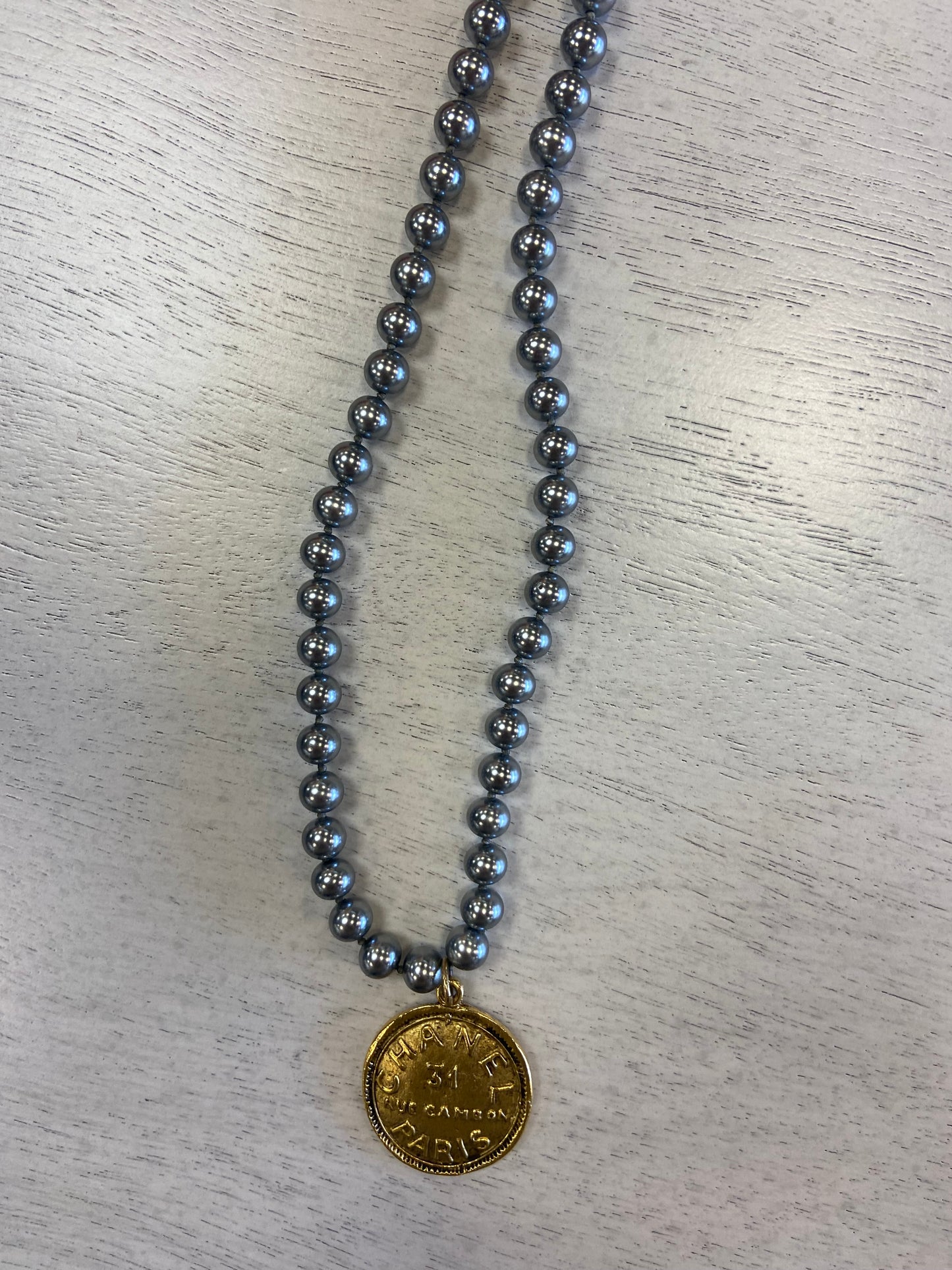 YOCHI Gold Chanel Coin on Gray Pearl Necklace