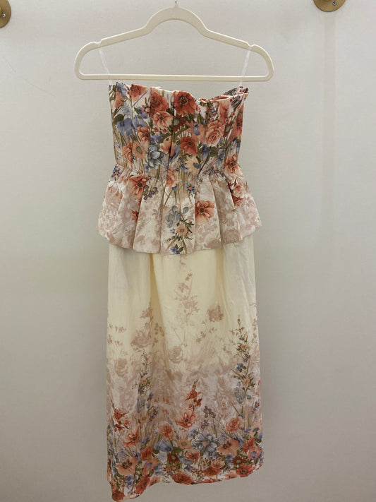 Daisy Floral Pleated Strapless Midi Dress