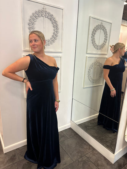 Anya Navy Off the Shoulder Velvet Maxi Dress