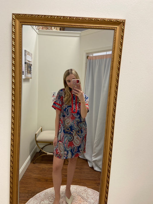 JOY JOY Americana Paisley Ric Rac Trim Dress