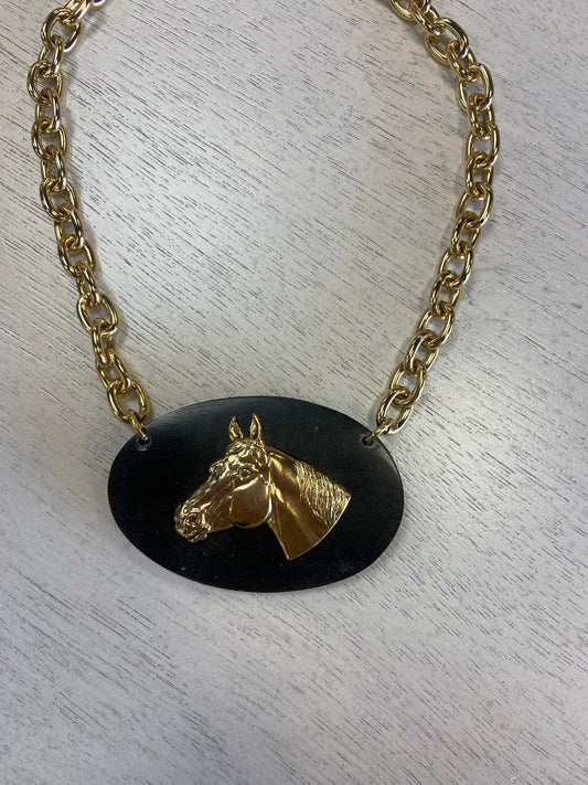 YOCHI Gold Horse Face on Black Stone Necklace