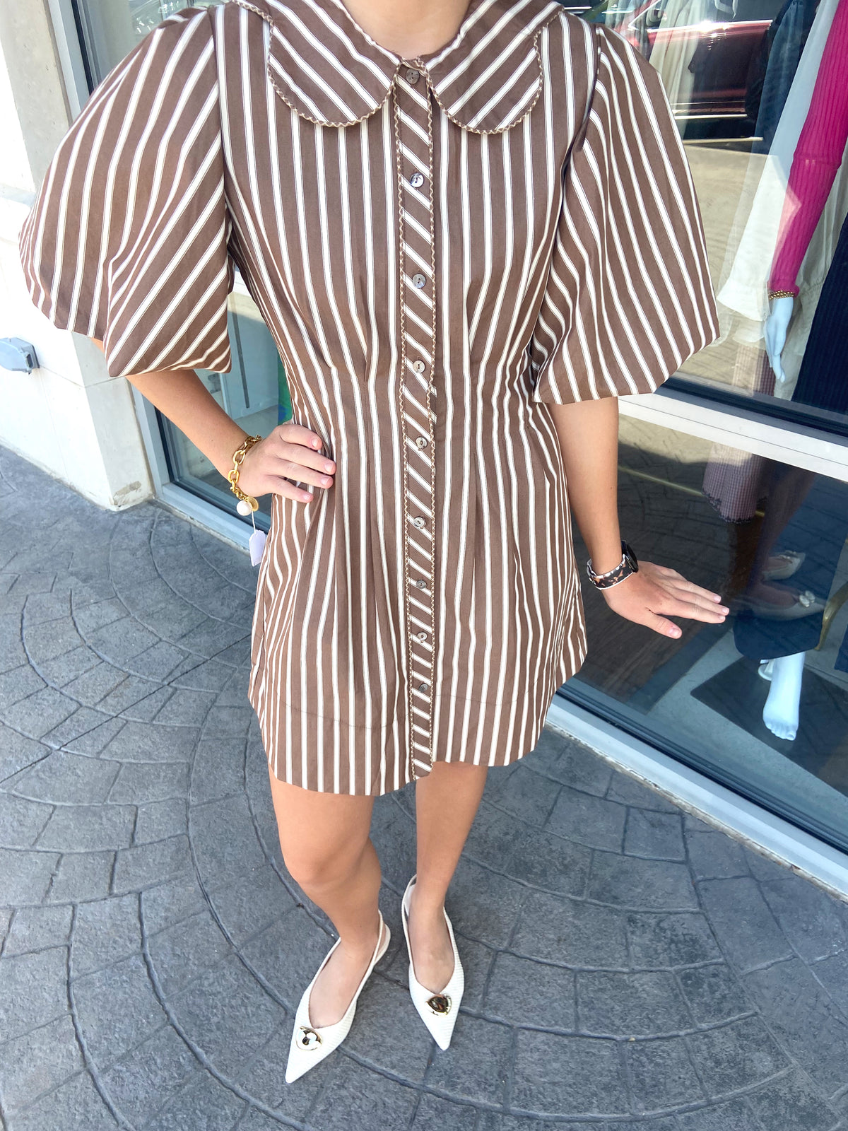 Kallie Brown with Cream Stripe Scallop Puff Sleeve Shirt Dress
