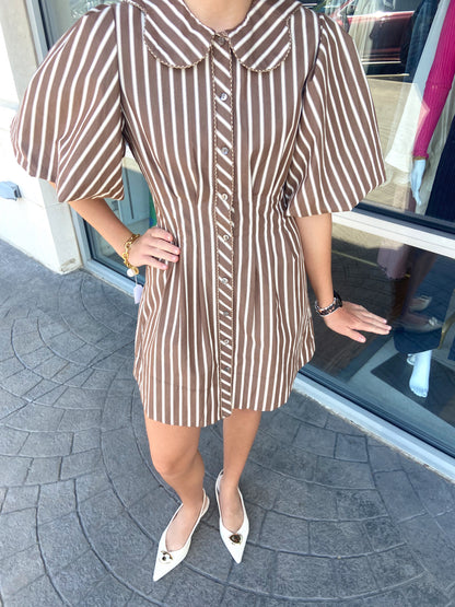 Kallie Brown with Cream Stripe Scallop Puff Sleeve Shirt Dress