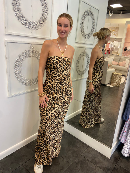 Leopard Strapless Tie Back Maxi Dress