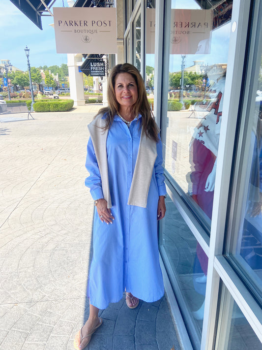 Hailey Blue Stripe with Sweater Maxi Shirt Dress