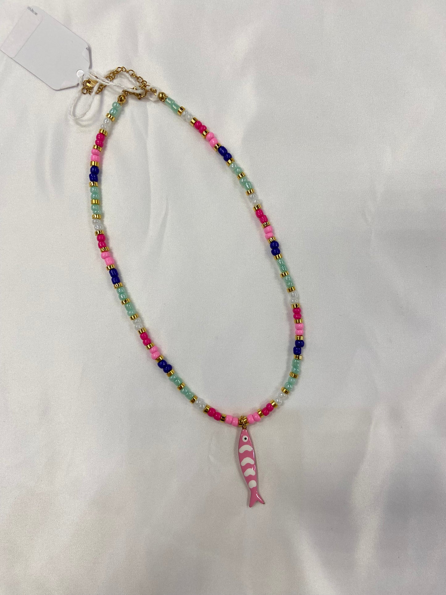 Small Multi Color Bead With Pink Fish Necklace
