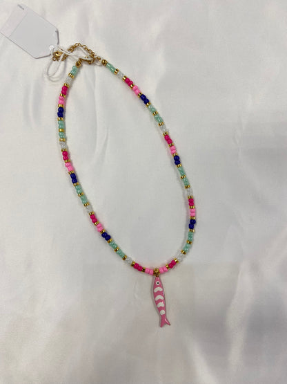 Small Multi Color Bead With Pink Fish Necklace