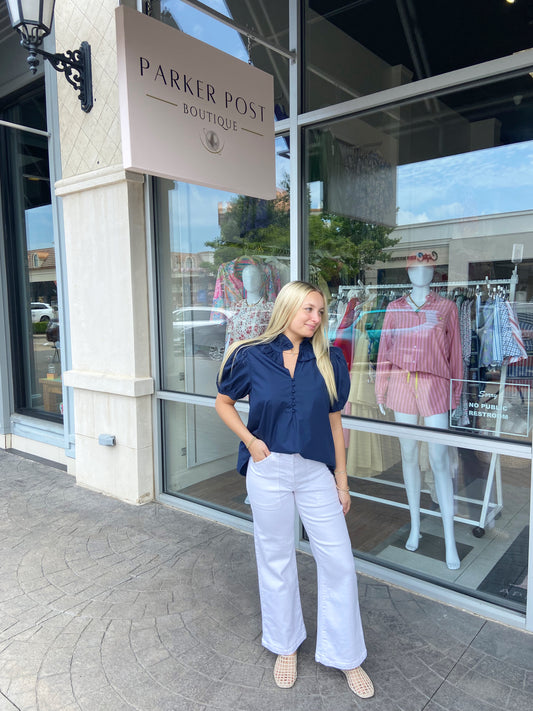 Deeni Navy Ruffle Neck Blouse