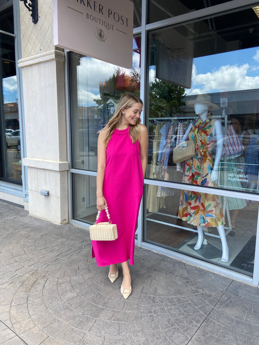 Berry Zig Zag Trim Neck Column Midi Dress