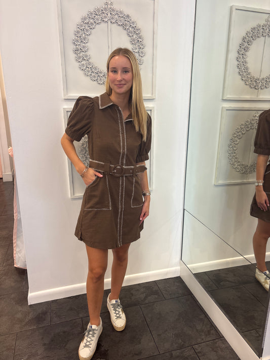 The Heather Belted Brown with Cream Detail Linen Dress