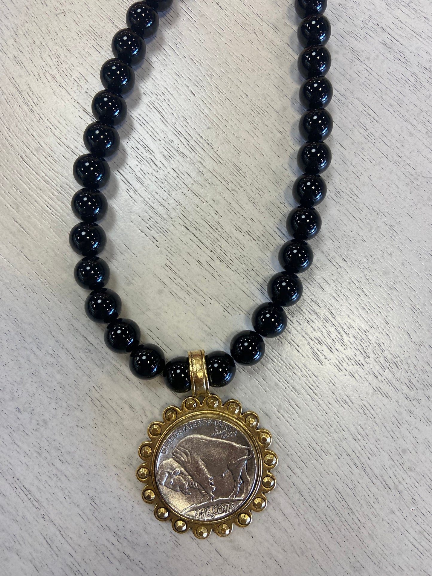 YOCHI Silver Buffalo  Coin with Black Pearl Necklace