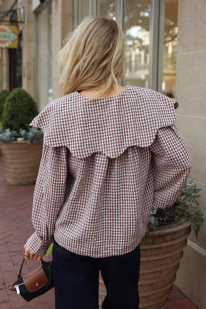 KARLIE Brown Gingham Poplin Peter Pan Collar Top