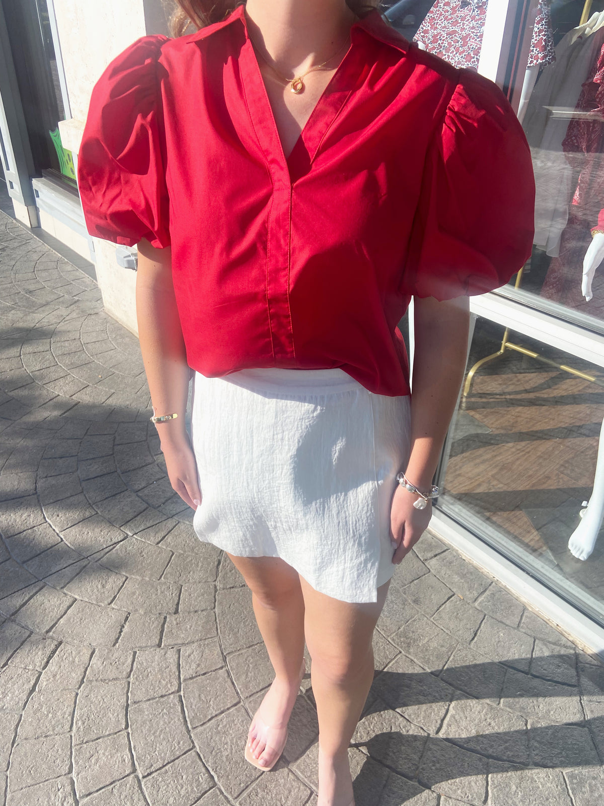 Rio Bubble Sleeve Red Blouse Top