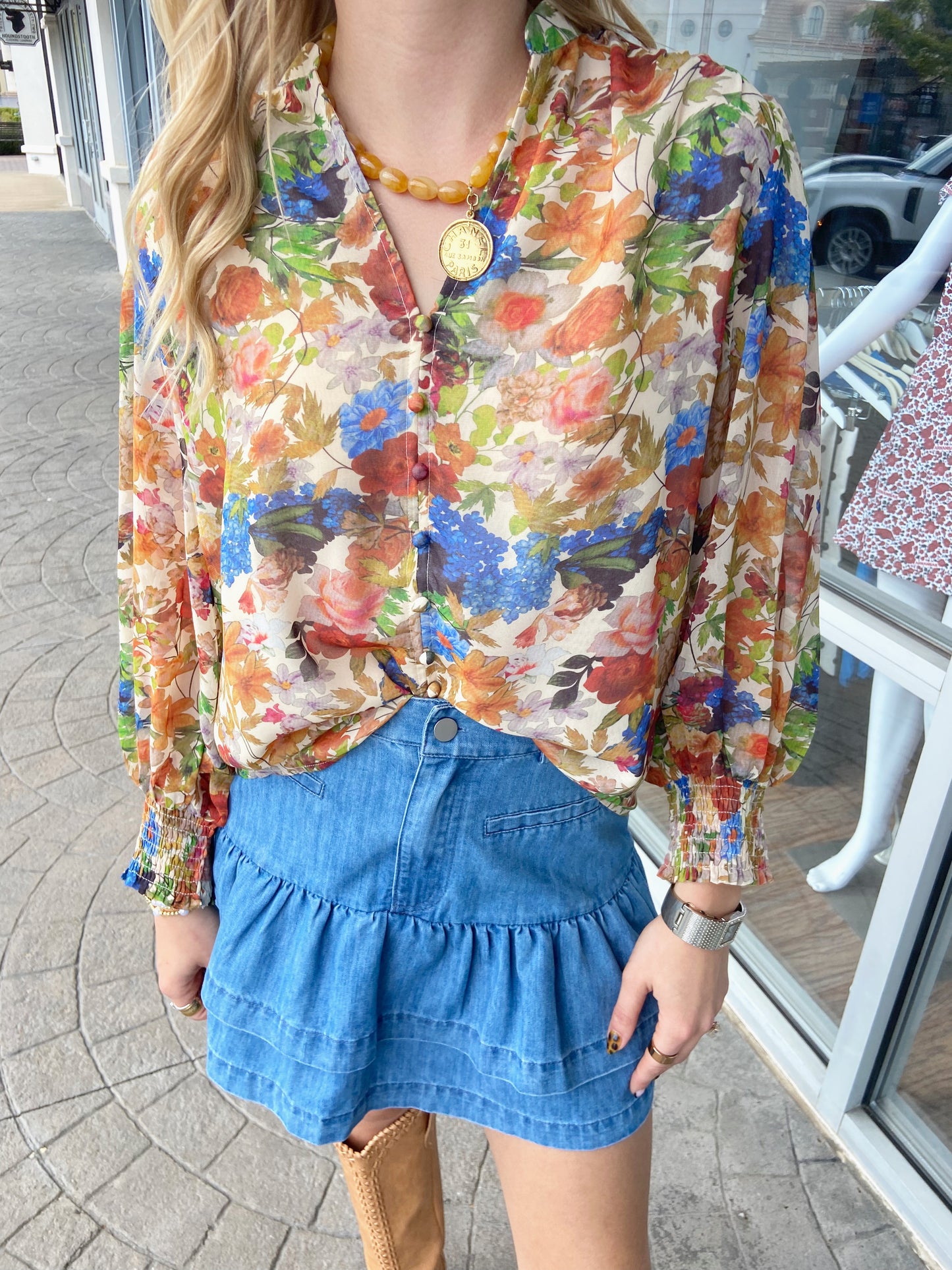 JOY JOY Autumn Floral Front Split Buttons Top