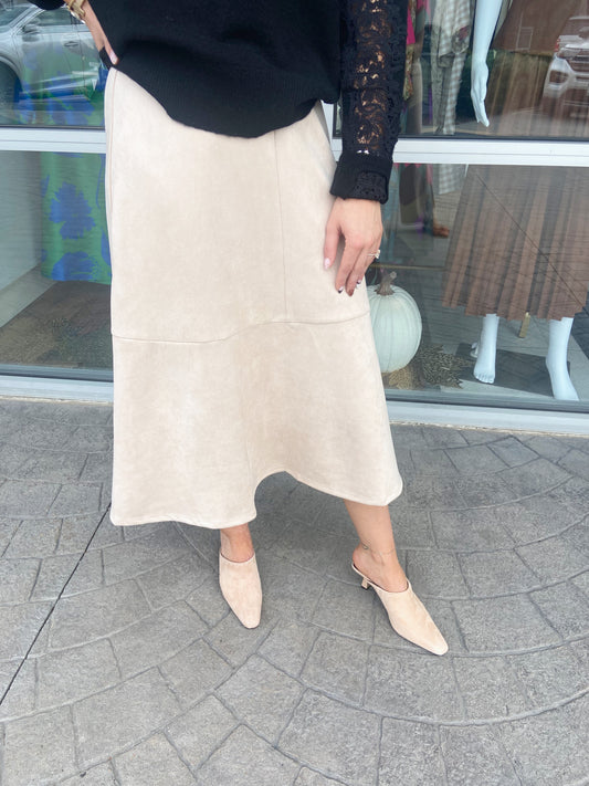 Jane Ecru A-Line Midi Suede Skirt
