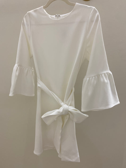 Brandy White Bell Sleeve Knit Belted Mini Dress