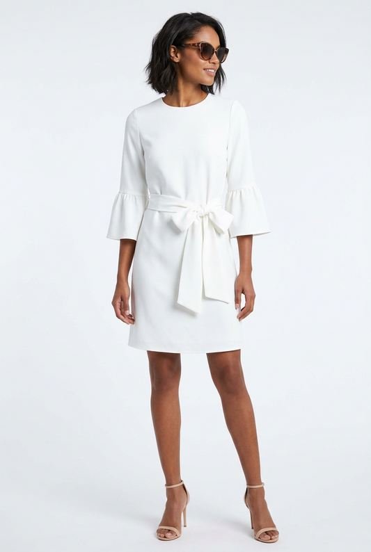 Brandy White Bell Sleeve Knit Belted Mini Dress