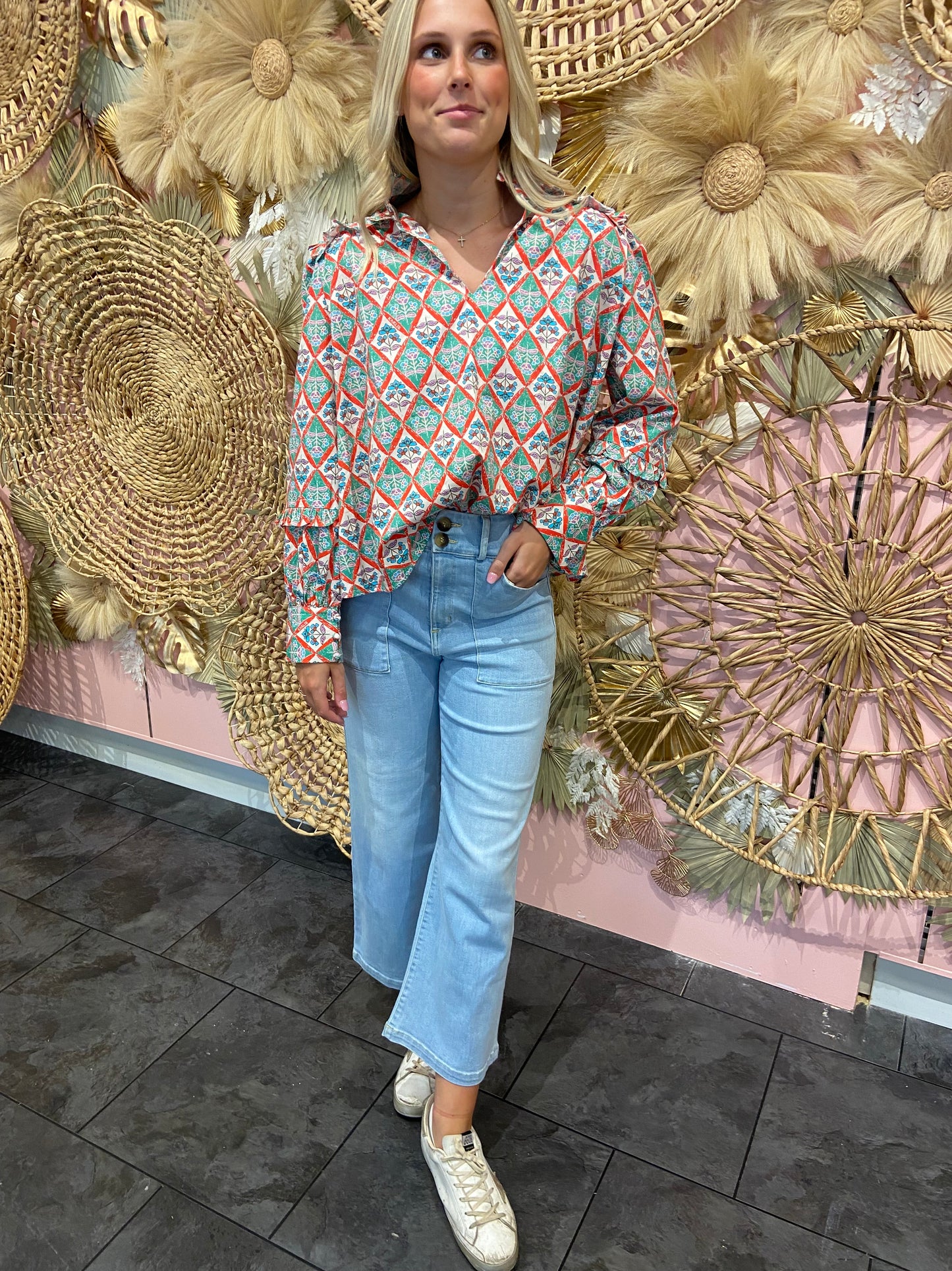 Karlie Paris Floral V-Neck Ruffle Blouse