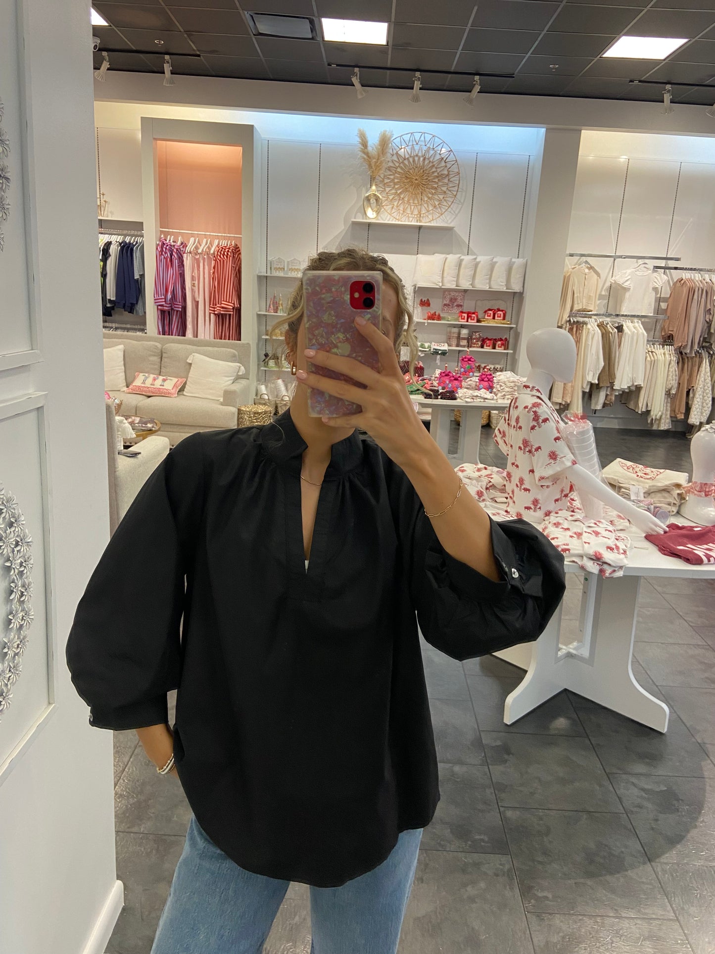 Black V-Neck Cotton Bubble Sleeve Blouse