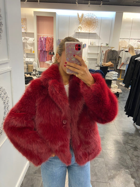 Burgundy Fur Collar Short Coat