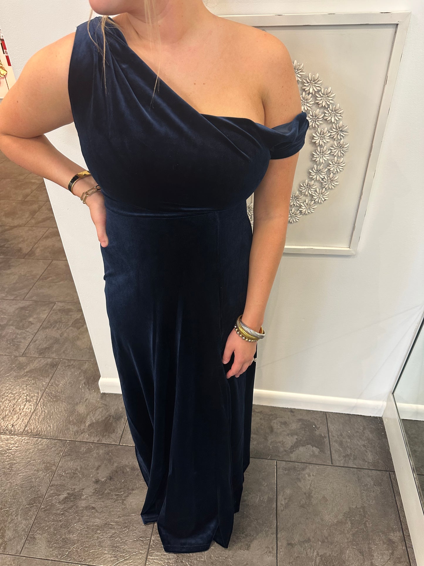 Anya Navy Off the Shoulder Velvet Maxi Dress