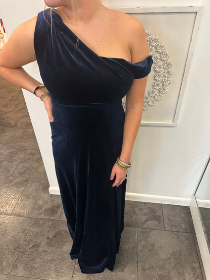 Anya Navy Off the Shoulder Velvet Maxi Dress