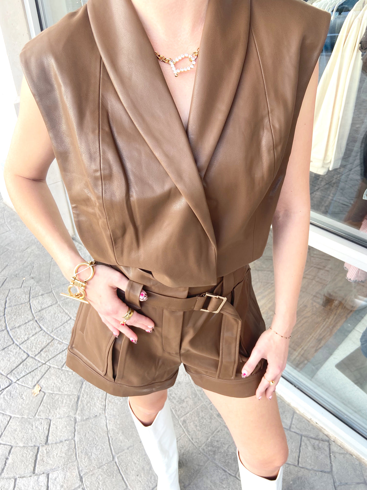 JS71 Mocha Brown Faux Leather Baylor Shorts