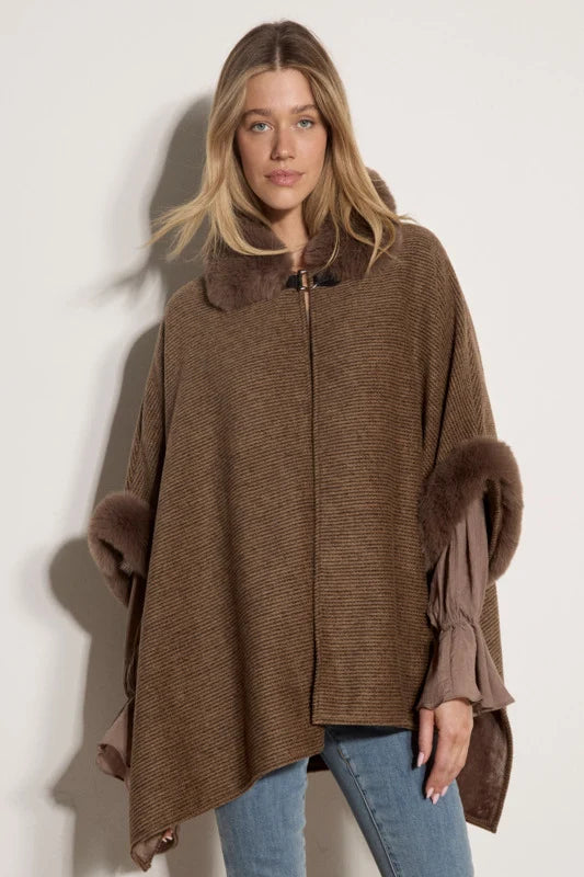 APRICOT Textured Rib Fur Neck and Sleeve Cape