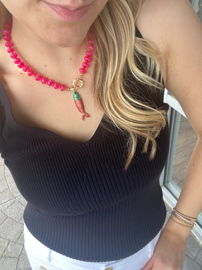 Small Fuschia Bead With Fish Necklace