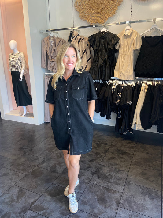 CiCi Black Button Up Faux Suede Dress