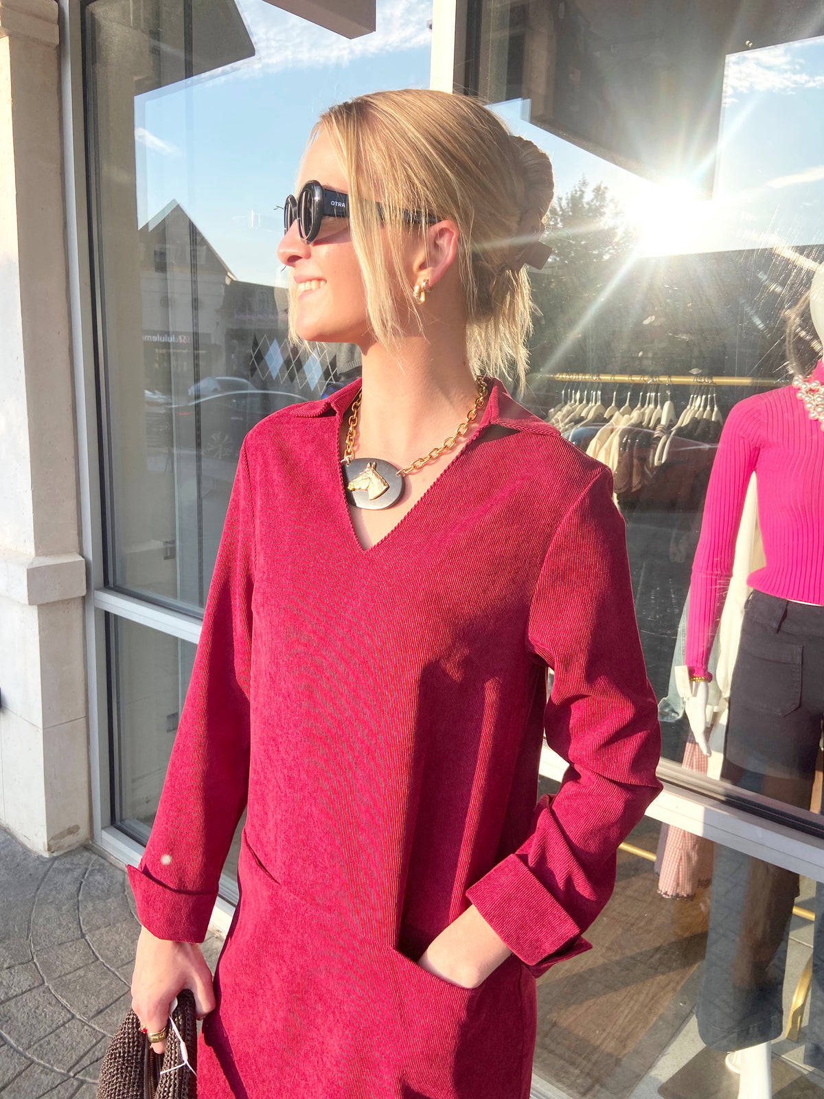 JOY JOY Wine V-Neck Collar Mini Dress