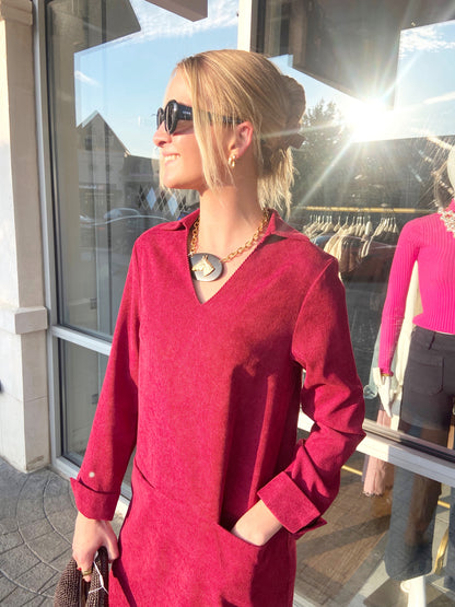 JOY JOY Wine V-Neck Collar Mini Dress
