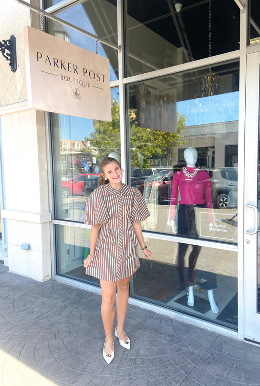 Kallie Brown with Cream Stripe Scallop Puff Sleeve Shirt Dress