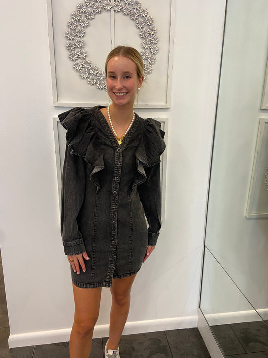 KARLIE Black Denim Ruffle Button Dress