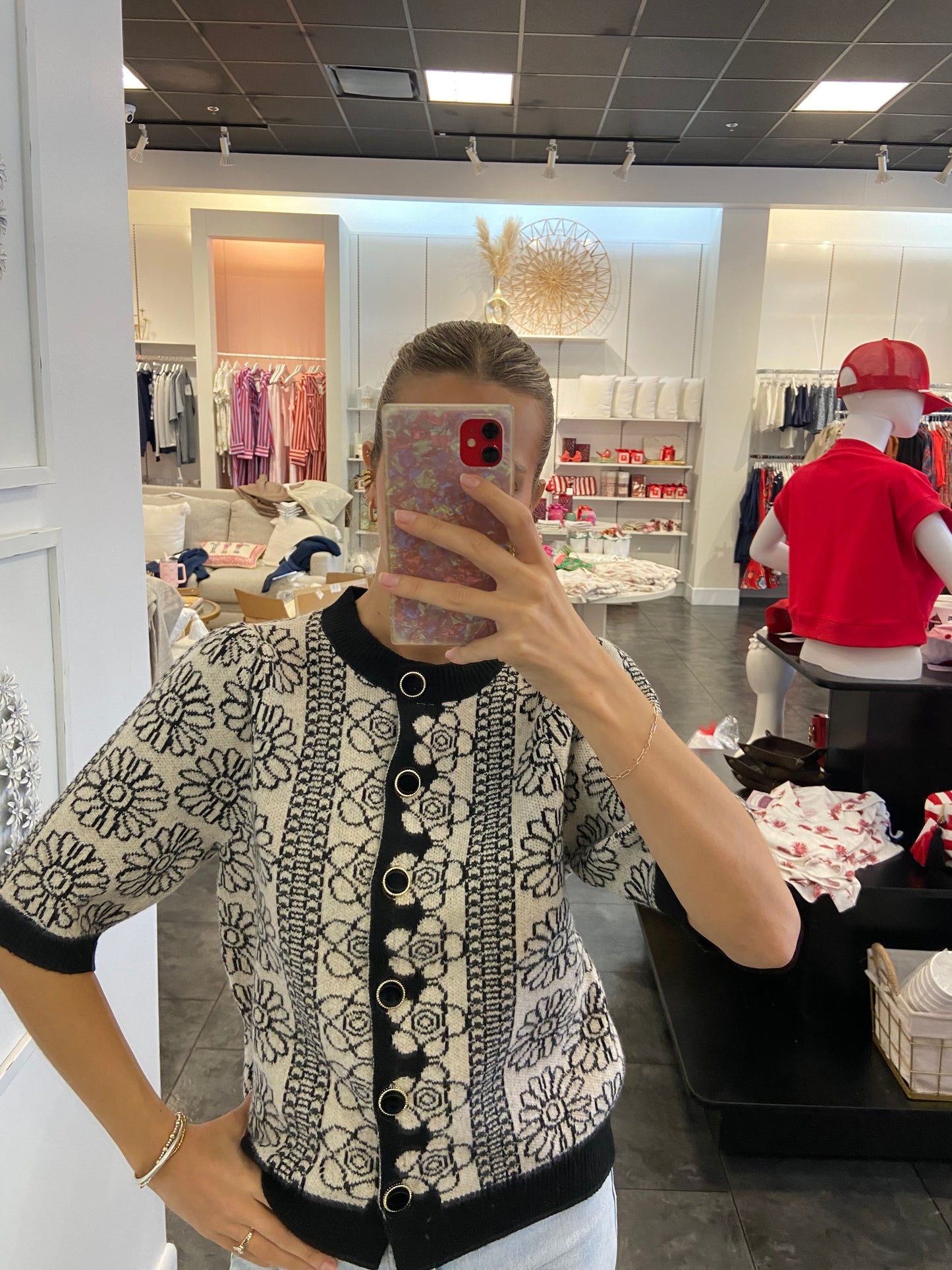 Cream & Black Short Sleeved Floral Sweater