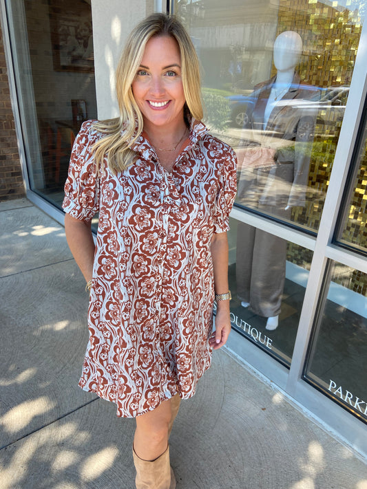 The Loren Camel with Blue Ruffle Detail Dress