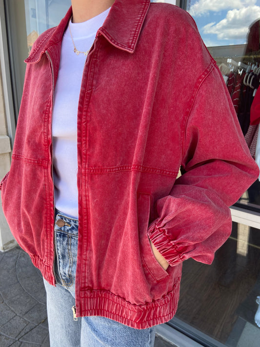 Toni Distressed Red Denim Bomber Jacket