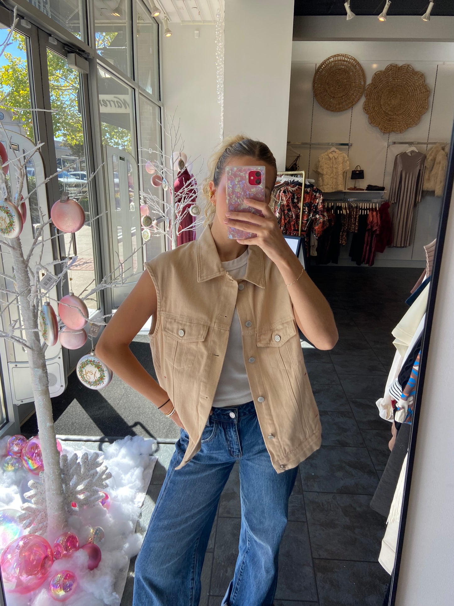 Western Sunset Embroidered Cream Denim Vest