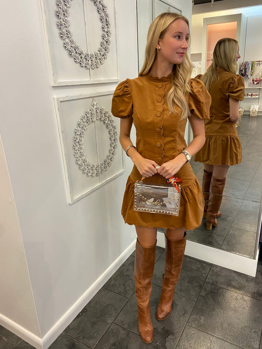 Camel Corduroy Puff Sleeve Dress