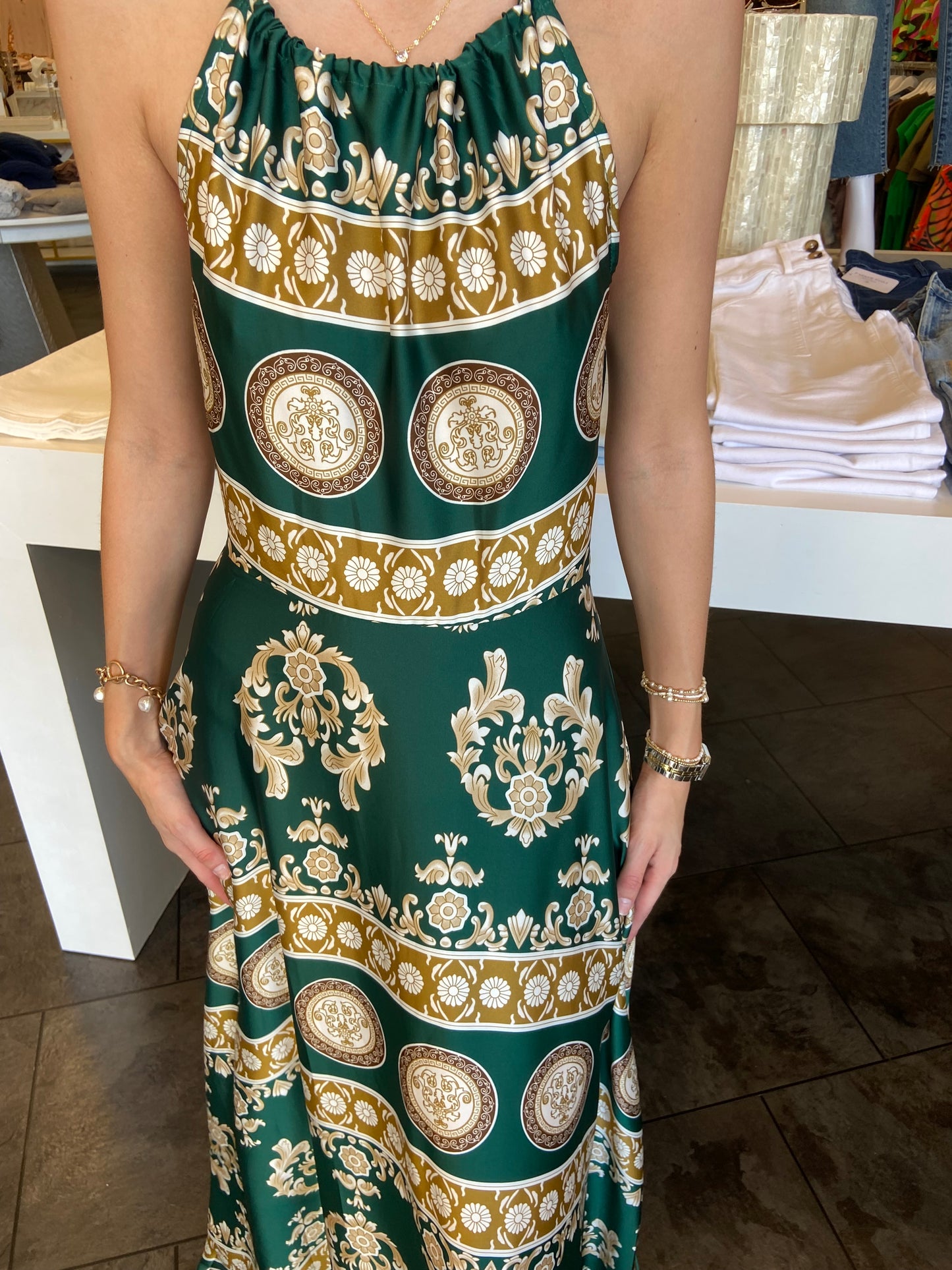 Emerald Satin Border Halter Dress