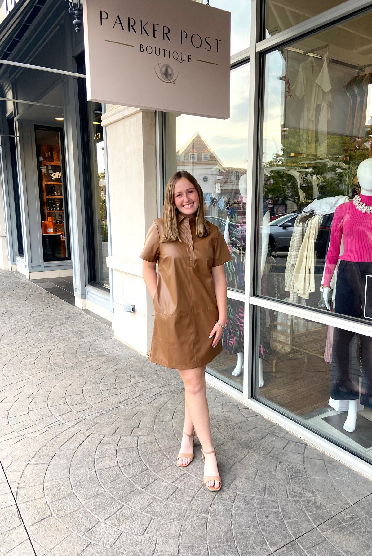 JADE Vegan Leather Placket Dress - Camel