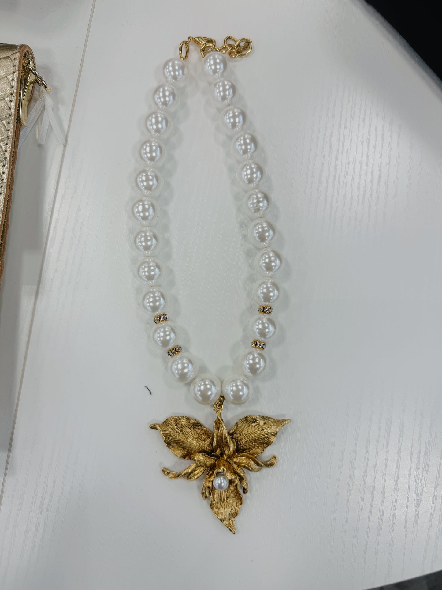 YOCHI Pearl Necklace with Gold Flower with Center Pearl