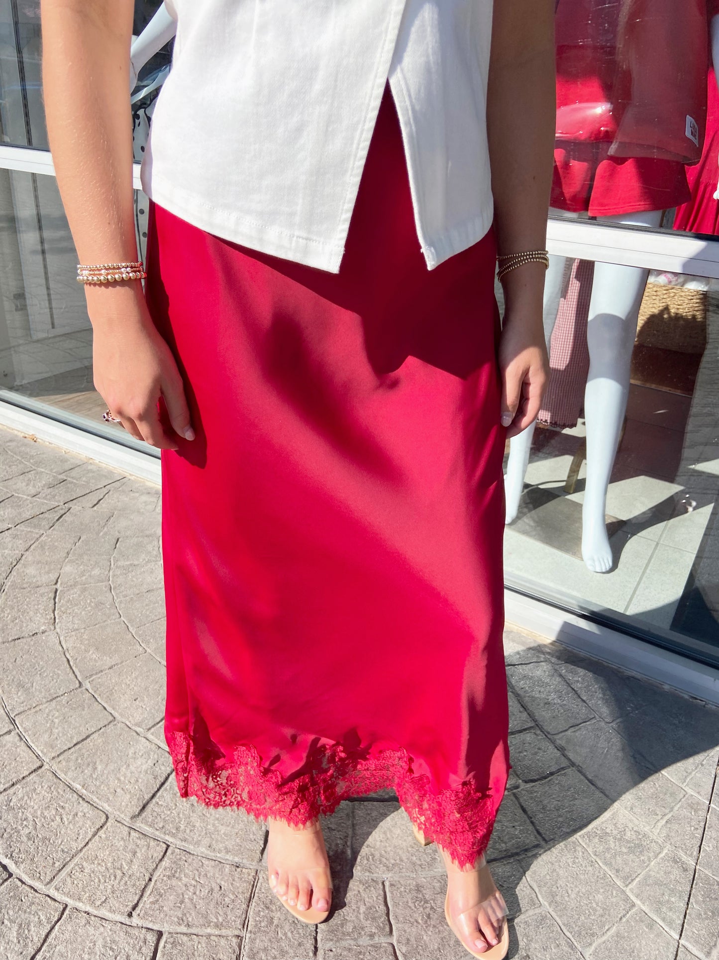 Lucy Crimson Satin Skirt with Lace Detail