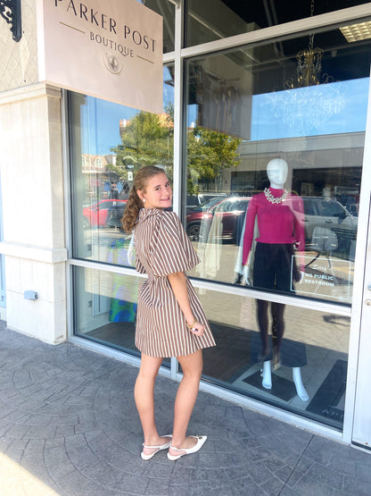 Kallie Brown with Cream Stripe Scallop Puff Sleeve Shirt Dress