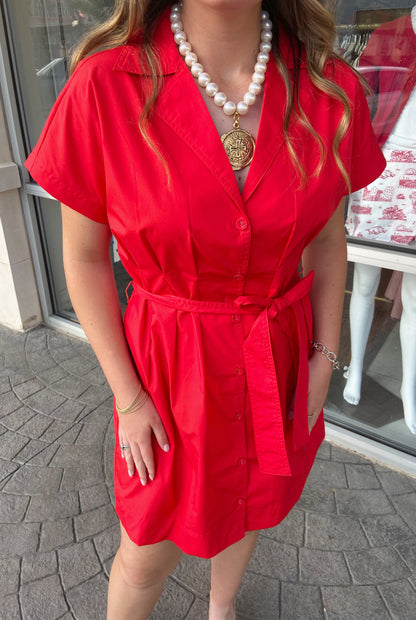 JOY JOY Red Pleated Waist Button Mini Dress